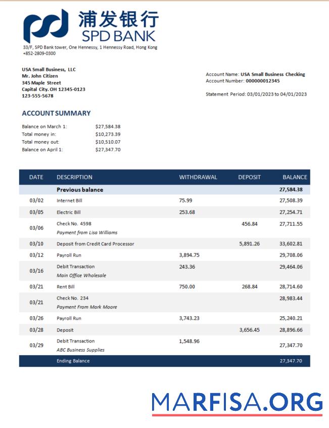 Realistic Shanghai Pudong Development business bank statement Word and PDF template
